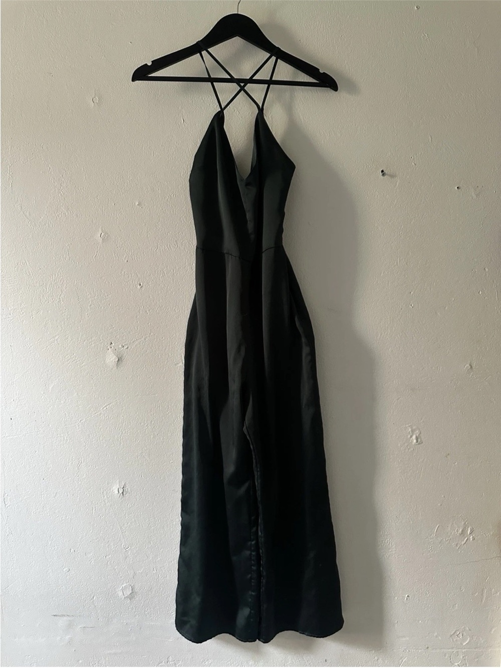 Abercrombie & Fitch Womens Small Black Satin Jumpsuit Strappy Open Back Wide Leg
